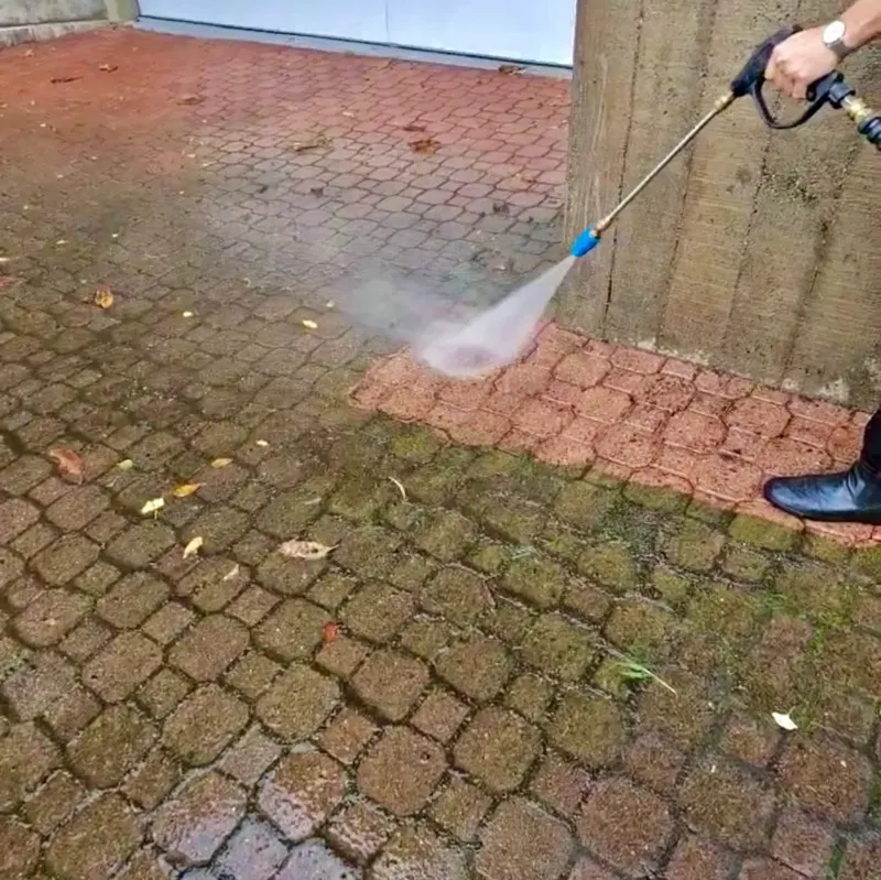 Power washing moss off brick pavers
